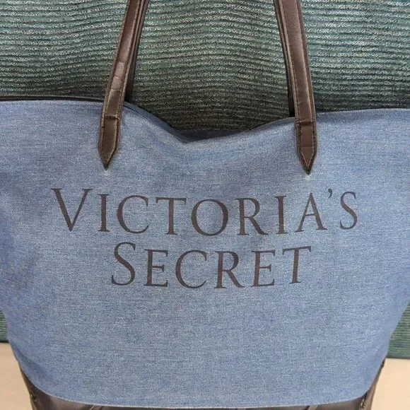 Victoria's Secret Blue & Black Denim & PU Lightweight Tote Bag - Picture 2 of 12